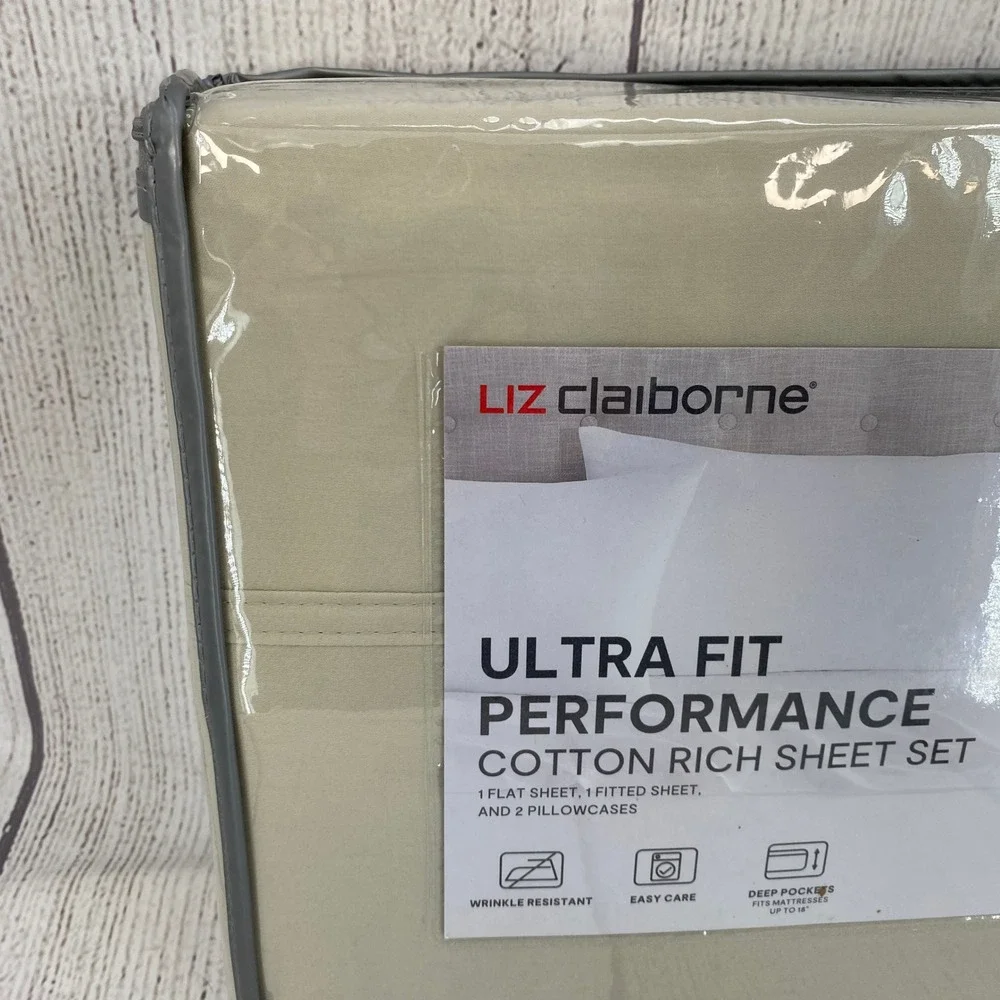 Liz Claiborne Sheet Set King Classic Stone Beige 575TC Ultra Fit Performance
